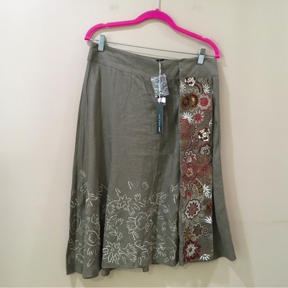 Saint Tropez West 100% Linen A Line Skirt Taupe women’s Medium Boho Embroidery - Picture 2 of 5